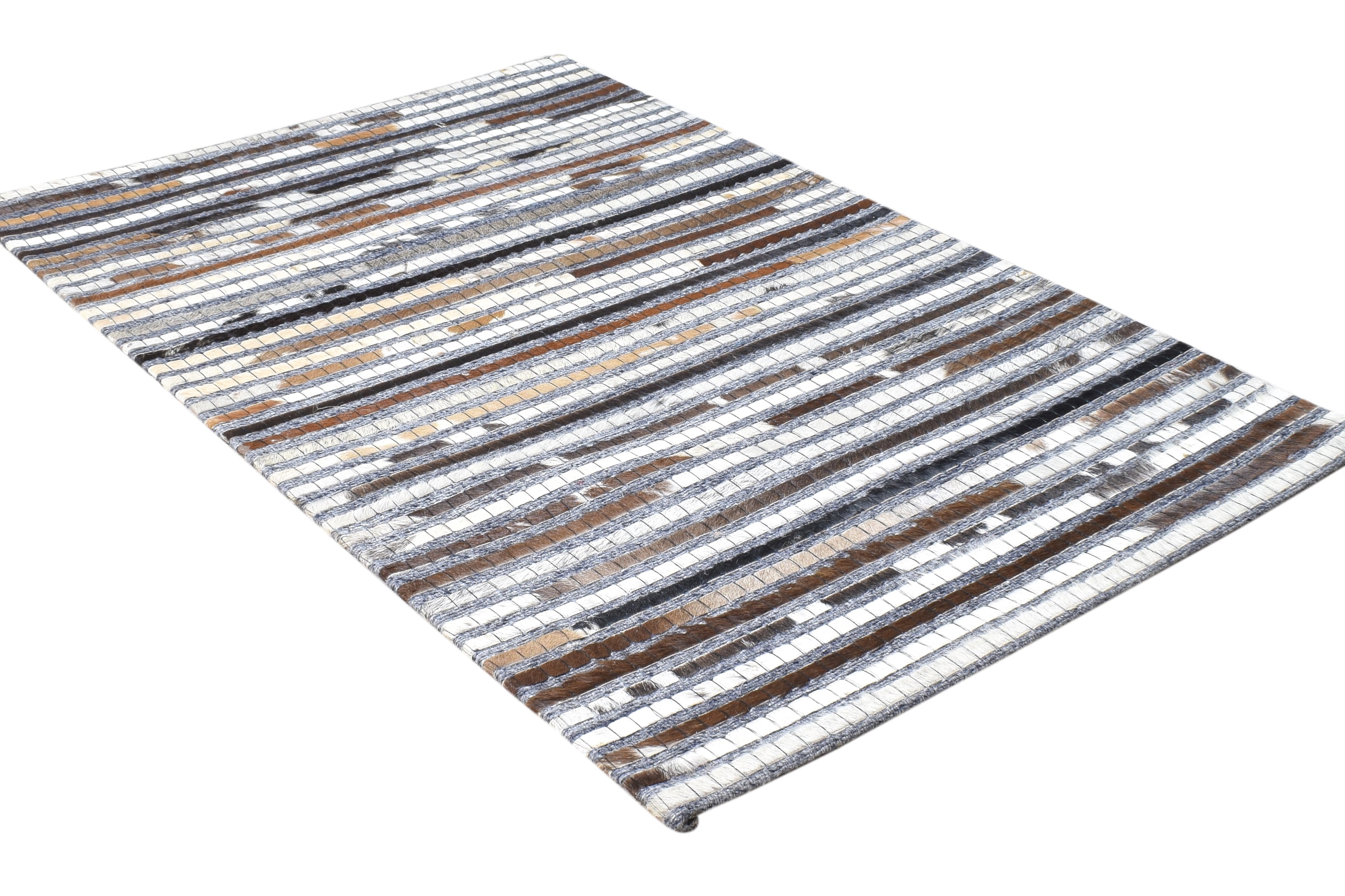 Leather Cowhide Patchwork Brown Rug Modern Scandinavian Striped Rug 