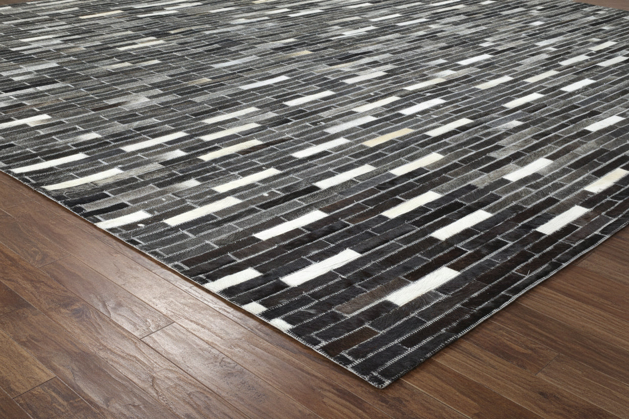 Sallee Handmade Charcoal Black Stripes Leather Rug | Modern Patchwork Cowhide Area Rug