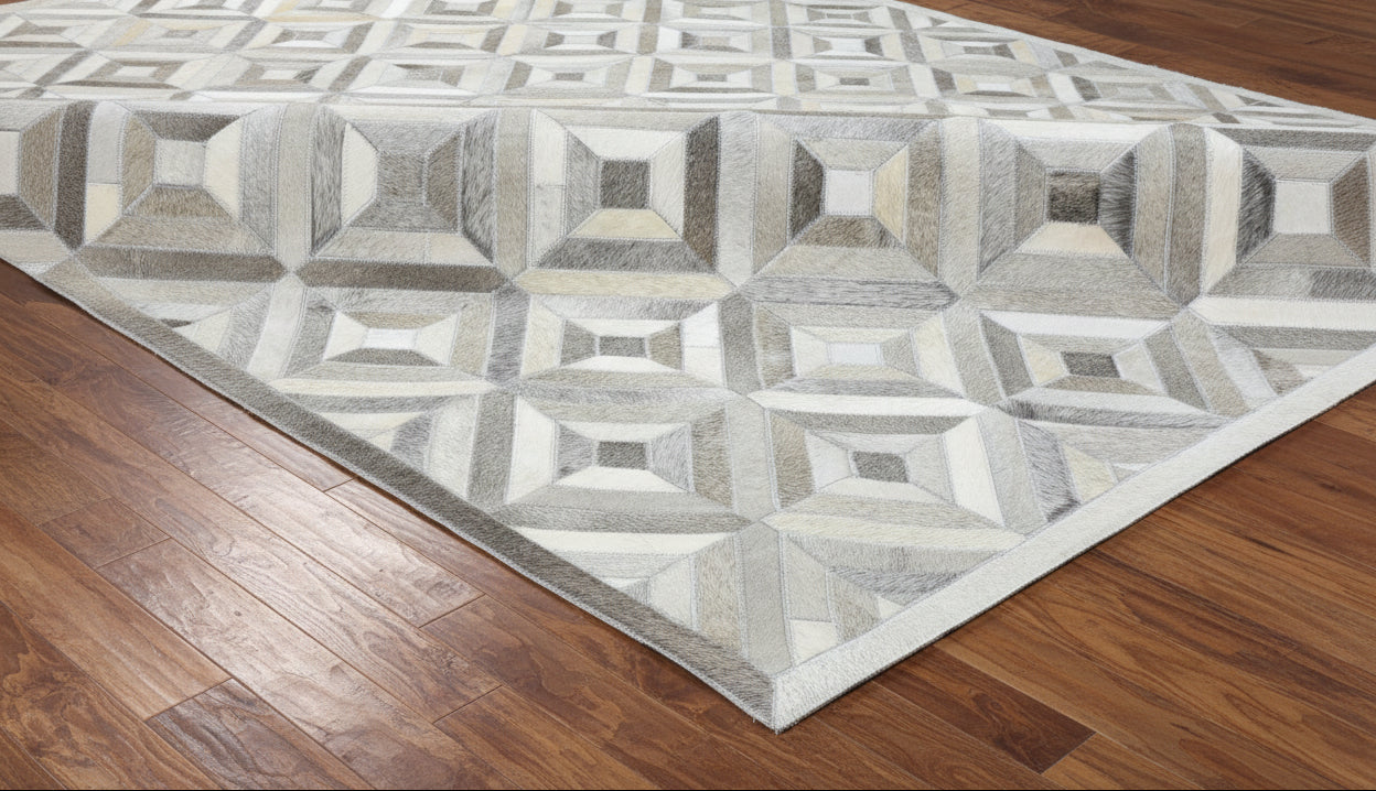 Olivie Handmade Leather Gray Diamond Rug | Modern Patchwork Cowhide Area Rug