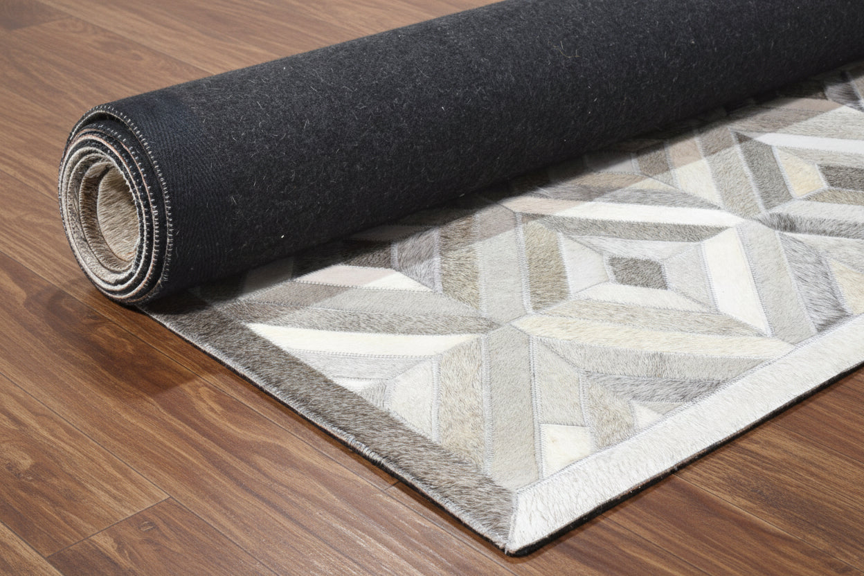 Olivie Handmade Leather Gray Diamond Rug | Modern Patchwork Cowhide Area Rug