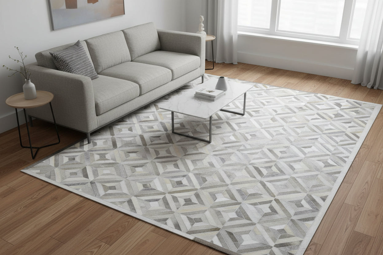 Olivie Handmade Leather Gray Diamond Rug | Modern Patchwork Cowhide Area Rug