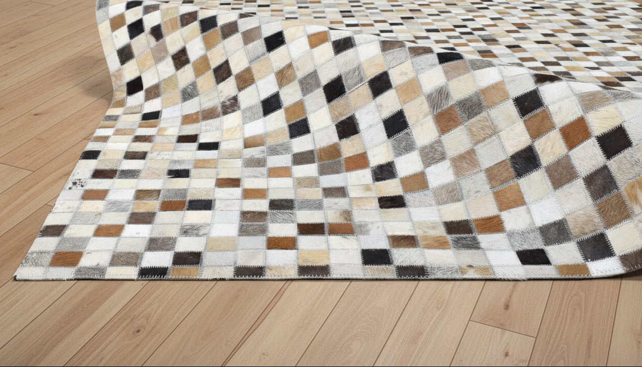 Giselle Handmade Leather Brown Checkerboard Rug | Modern Patchwork Cowhide Area Rug