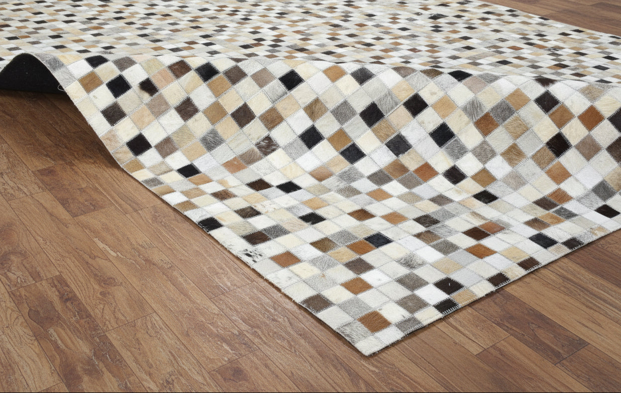Giselle Handmade Leather Brown Checkerboard Rug | Modern Patchwork Cowhide Area Rug