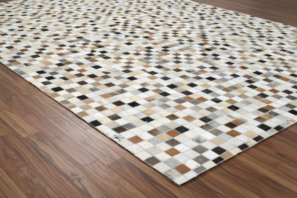 Giselle Handmade Leather Brown Checkerboard Rug | Modern Patchwork Cowhide Area Rug