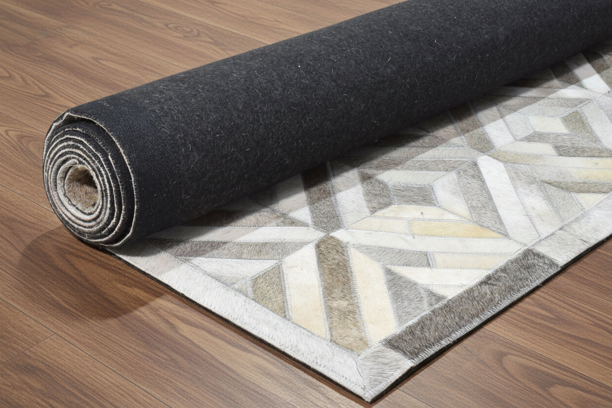 Myra Handmade Gray Leather Diamonds Rug | Modern Patchwork Cowhide Rug