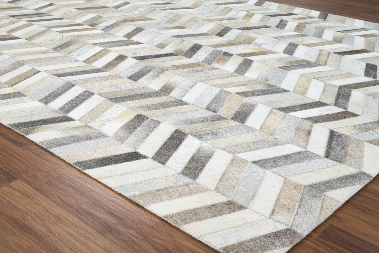 French Chevron Handmade Beige Gray Leather Area Rug | Modern Patchwork Cowhide Rug
