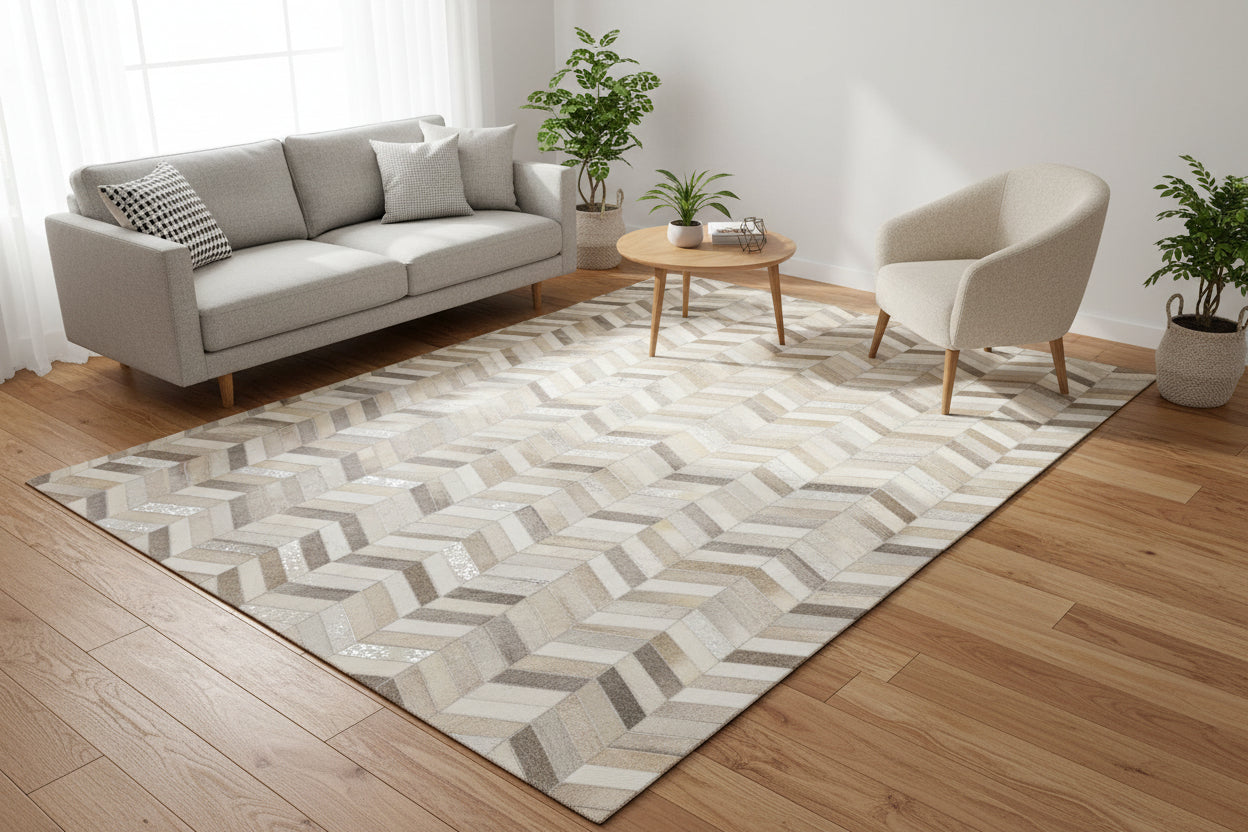 French Chevron Handmade Beige Gray Leather Area Rug | Modern Patchwork Cowhide Rug
