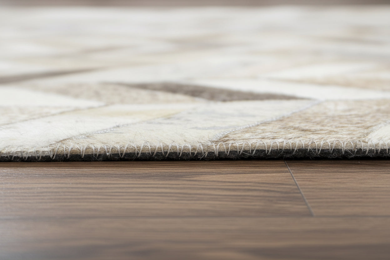 French Chevron Handmade Beige Gray Leather Area Rug | Modern Patchwork Cowhide Rug