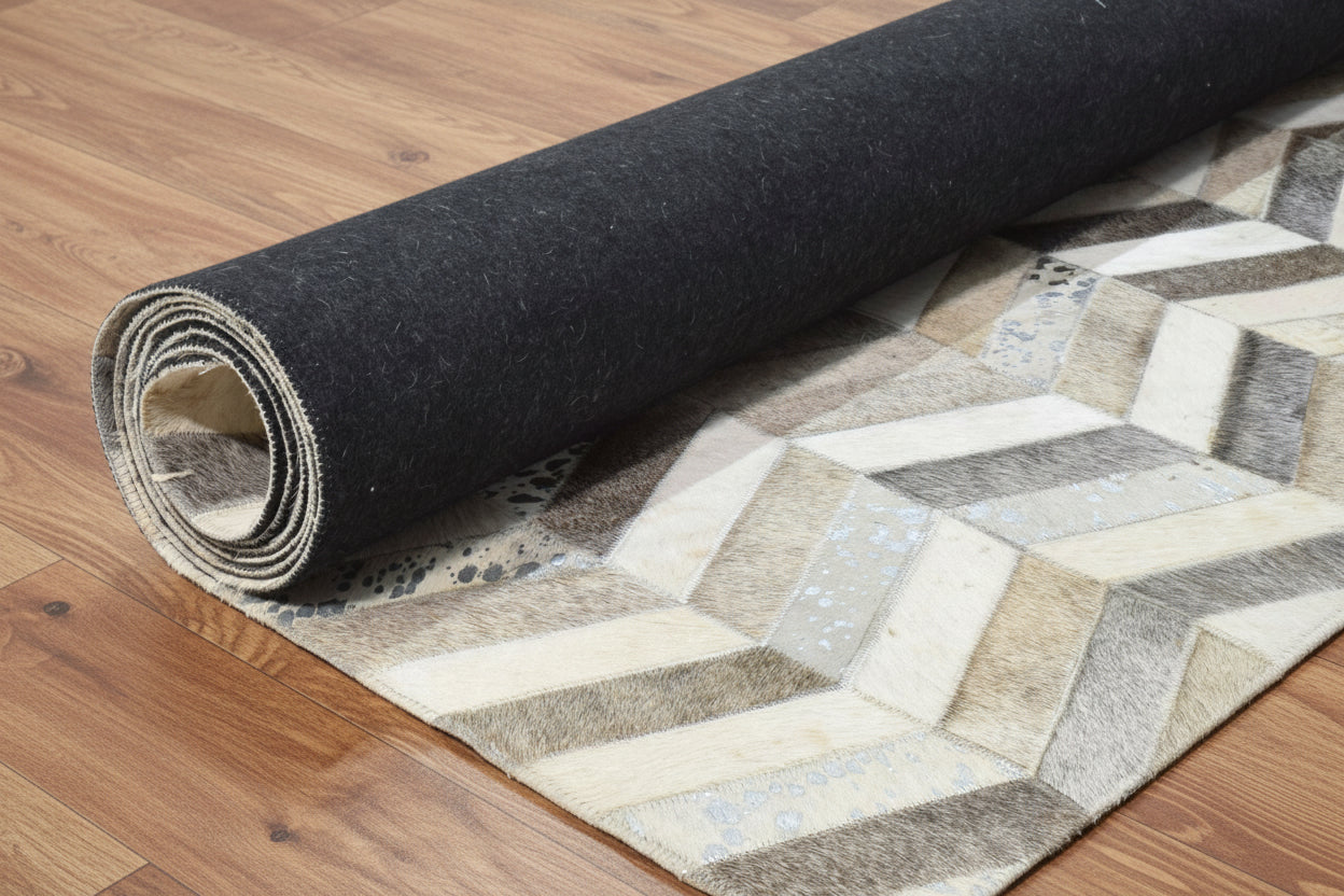 French Chevron Handmade Beige Gray Leather Area Rug | Modern Patchwork Cowhide Rug
