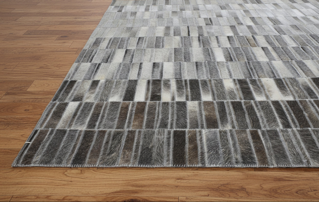 Maurise Handmade Gray Leather Stripes Rug | Modern Patchwork Cowhide Rug