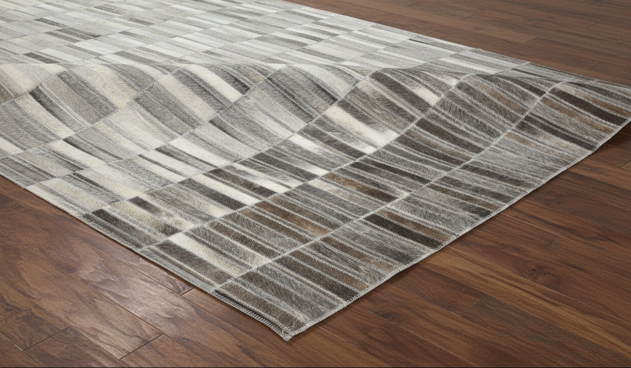 Maurise Handmade Gray Leather Stripes Rug | Modern Patchwork Cowhide Rug