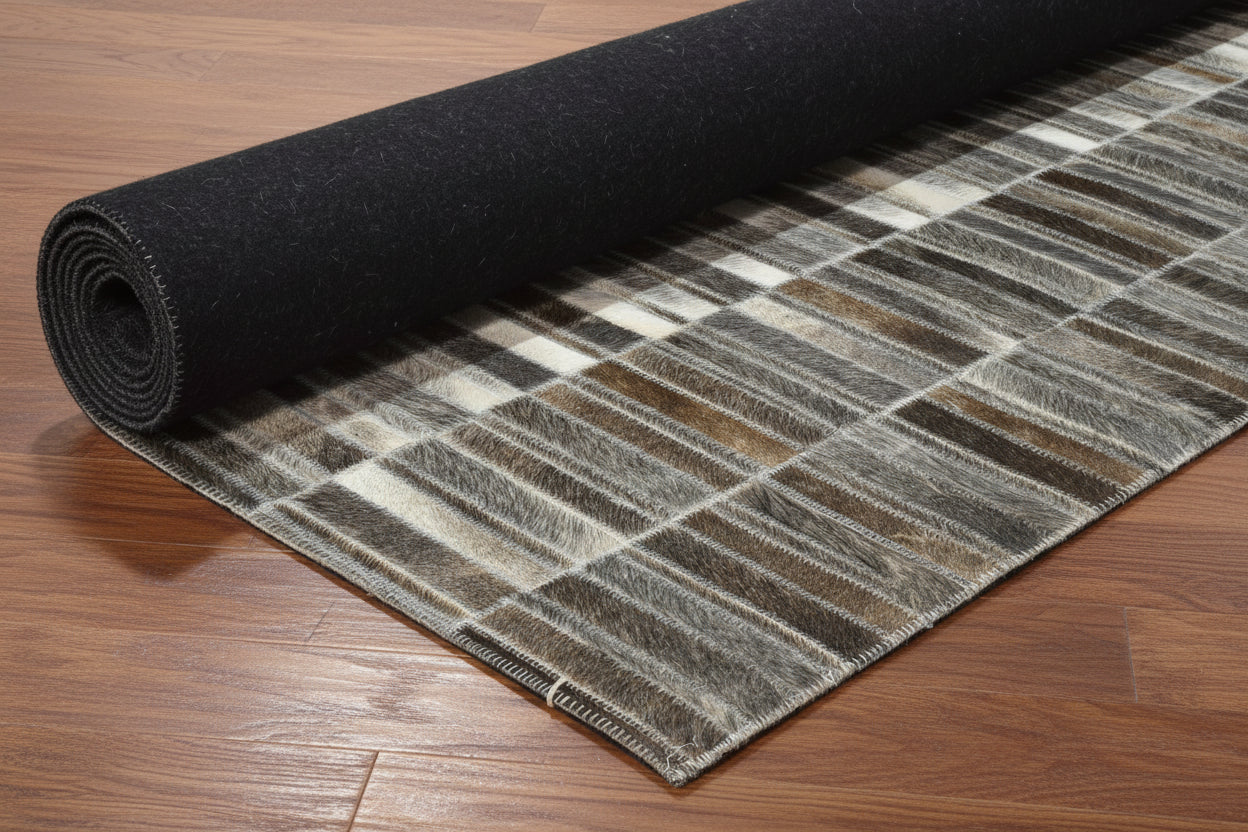 Maurise Handmade Gray Leather Stripes Rug | Modern Patchwork Cowhide Rug