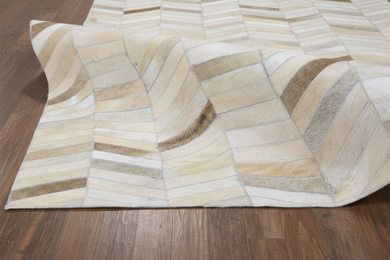 French Chevron Handmade Beige Leather Area Rug | Modern Patchwork Cowhide Rug