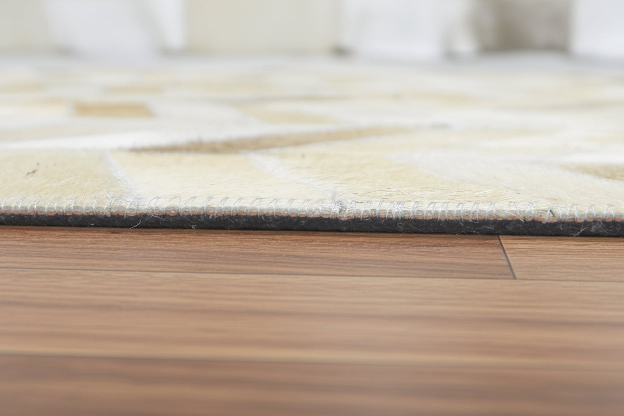 French Chevron Handmade Beige Leather Area Rug | Modern Patchwork Cowhide Rug