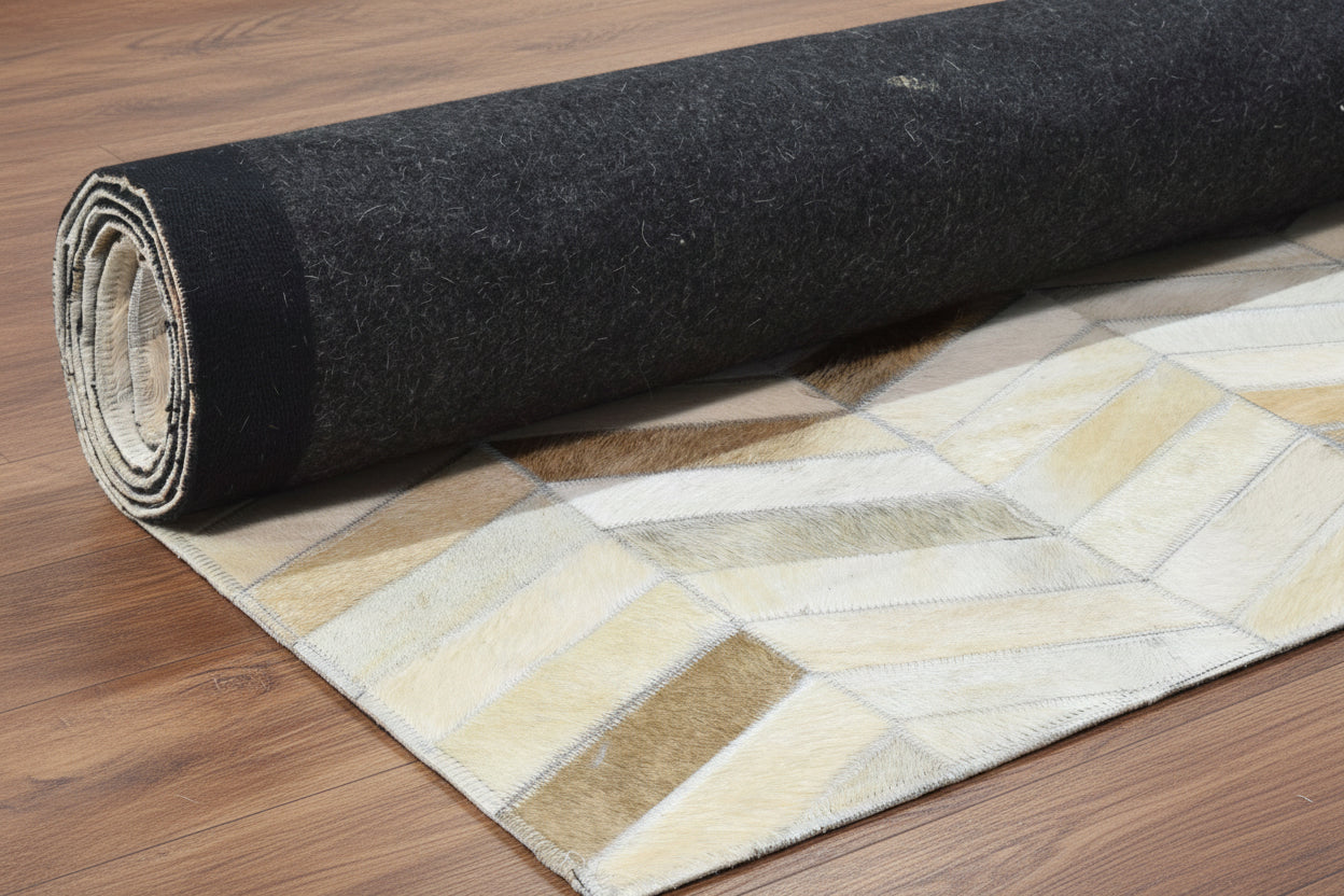 French Chevron Handmade Beige Leather Area Rug | Modern Patchwork Cowhide Rug