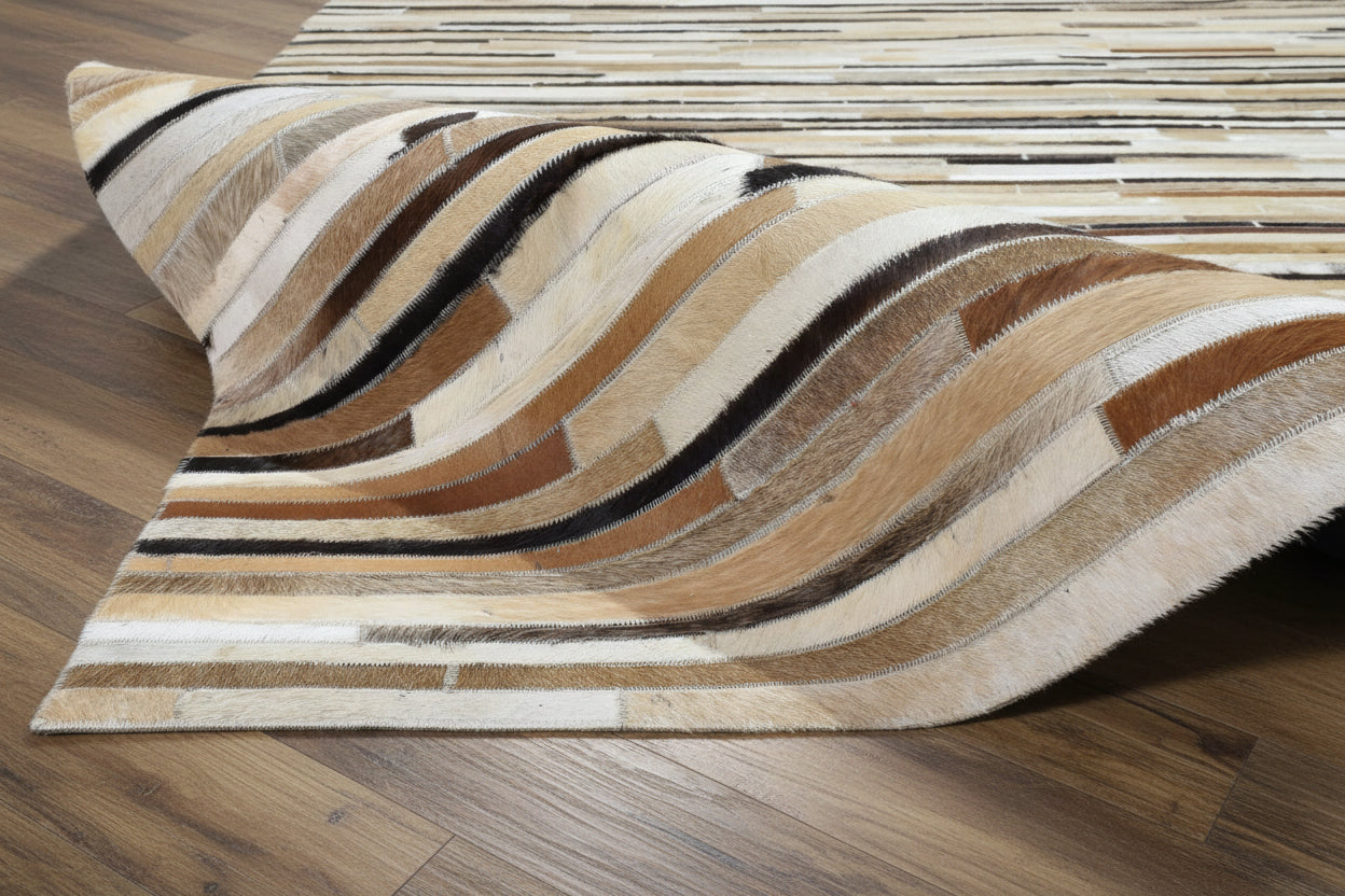 Allx Handmade Leather Brown Striped Area Rug | Modern Patchwork Cowhide Rug