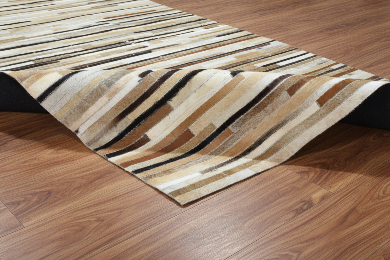 Allx Handmade Leather Brown Striped Area Rug | Modern Patchwork Cowhide Rug
