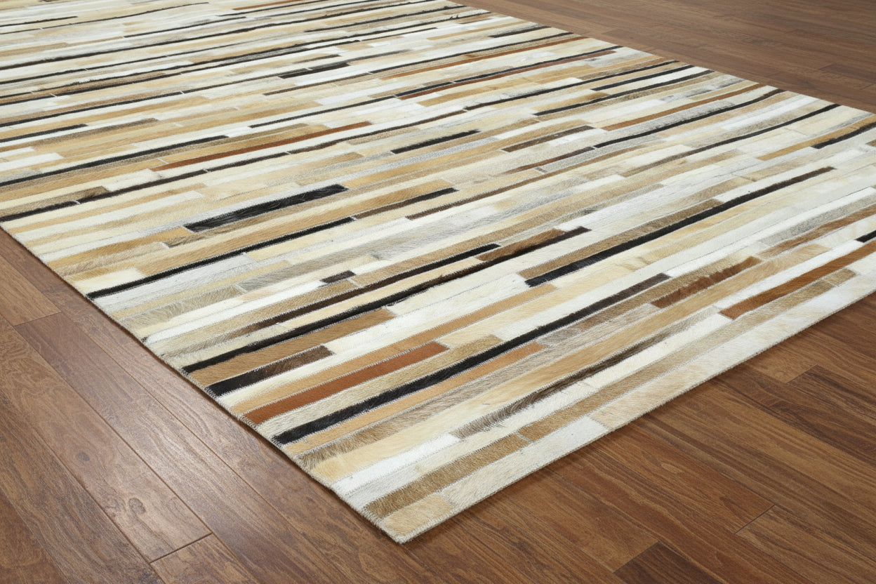 Allx Handmade Leather Brown Striped Area Rug | Modern Patchwork Cowhide Rug