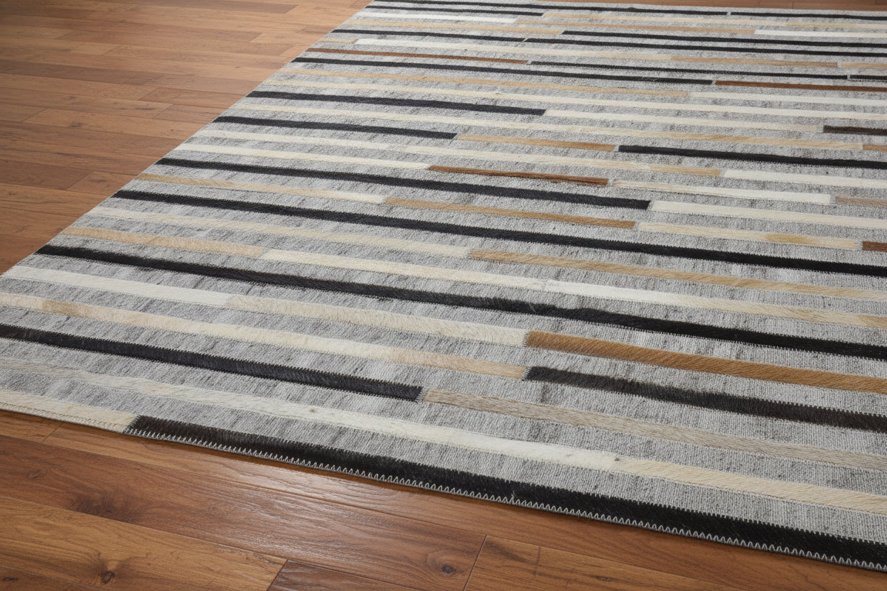 Marisa Handmade Leather Gray Striped Rug | Modern Patchwork Cowhide Rug