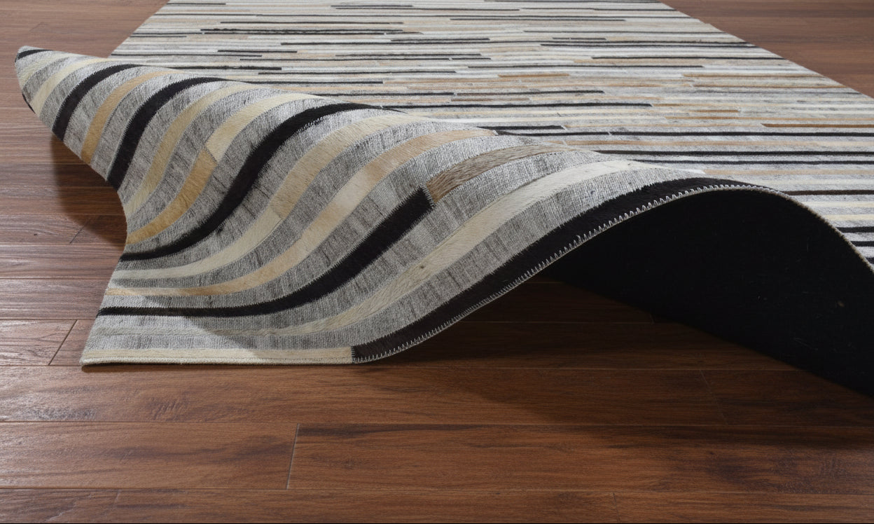 Marisa Handmade Leather Gray Striped Rug | Modern Patchwork Cowhide Rug