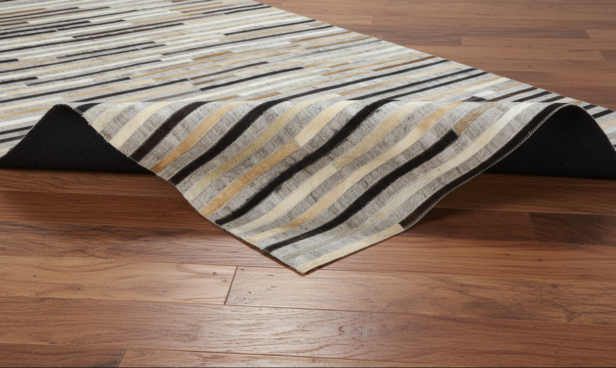 Marisa Handmade Leather Gray Striped Rug | Modern Patchwork Cowhide Rug