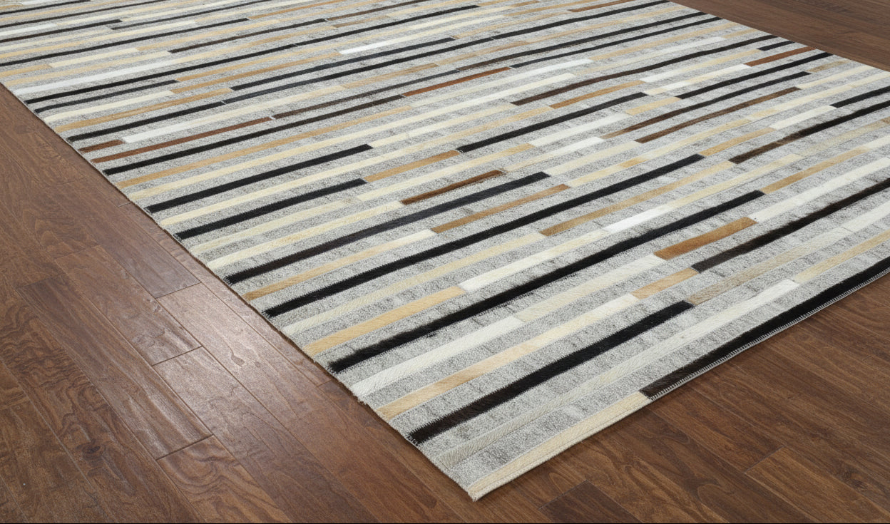 Marisa Handmade Leather Gray Striped Rug | Modern Patchwork Cowhide Rug