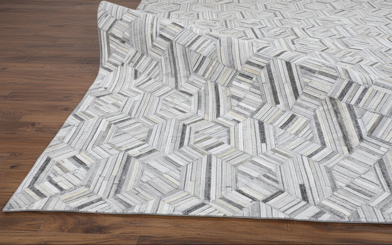 Honeycomb Leather Handmade Gray Rug  | Scandinavian Patchwork Cowhide Area Rug