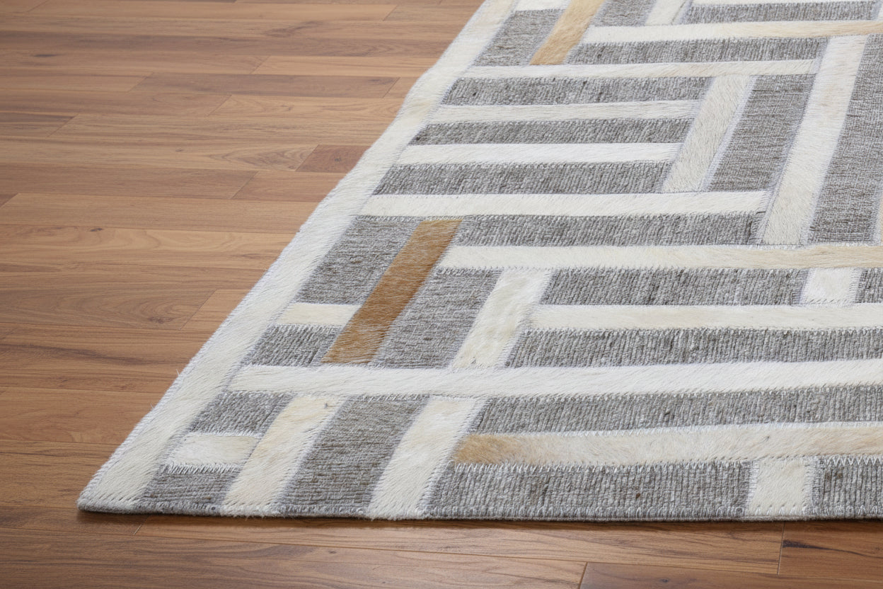 Candis Handmade Leather Gray Rug Modern Patchwork Cowhide Area Rug