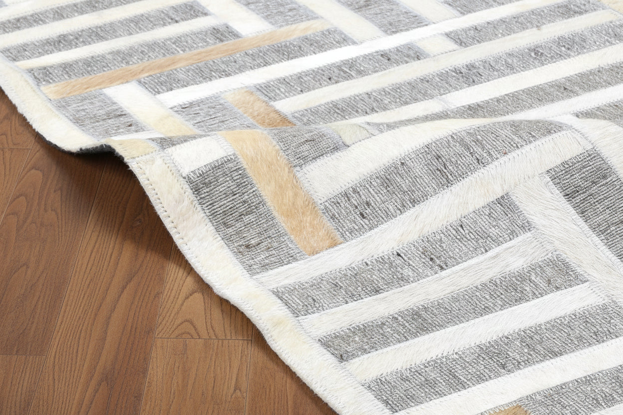 Candis Handmade Leather Gray Rug Modern Patchwork Cowhide Area Rug