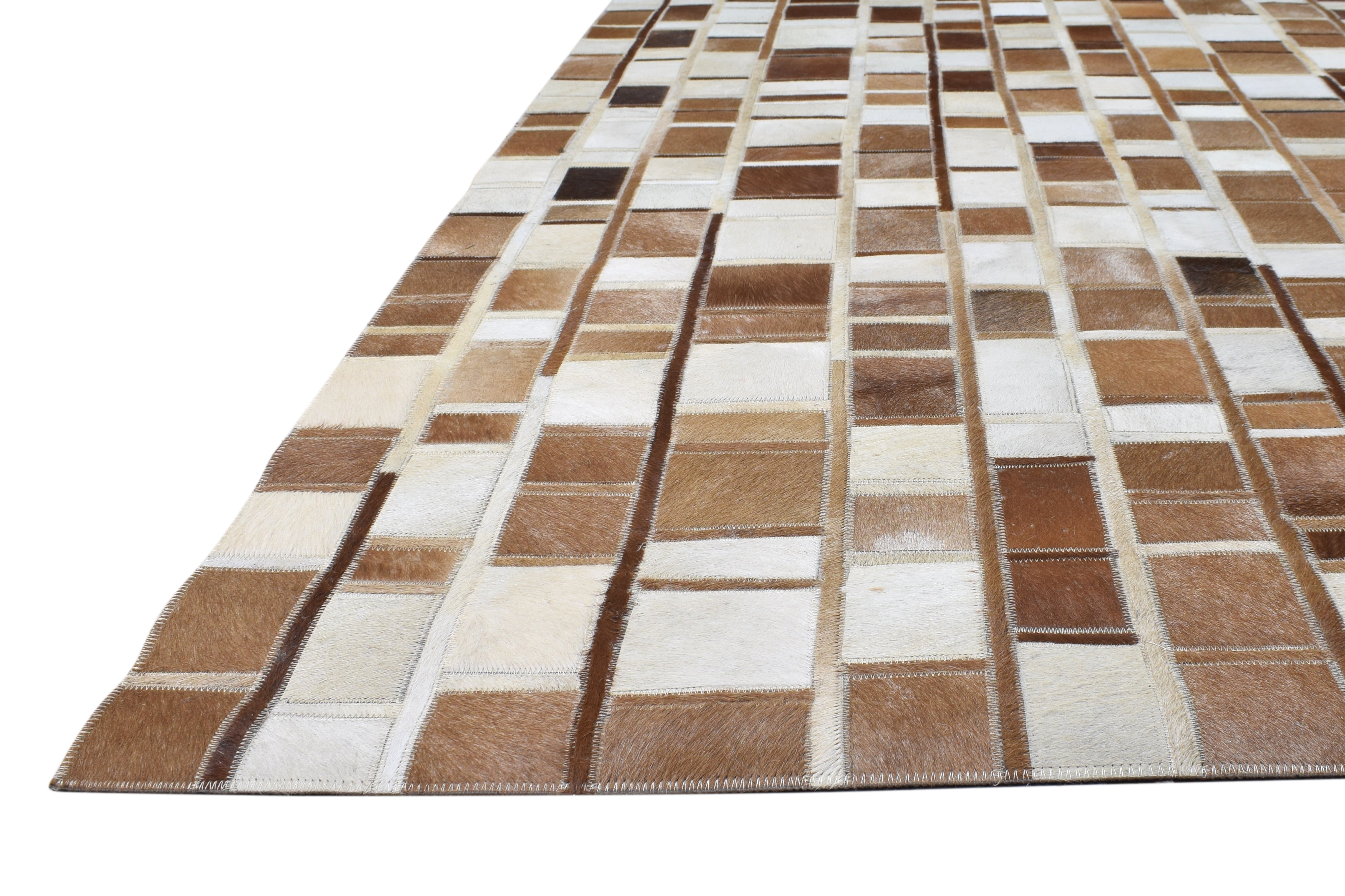 Leather Rug Brown and Ivory Blocks, Cowhide Rug, Patchwork Rug, Large Modern Area Rug 