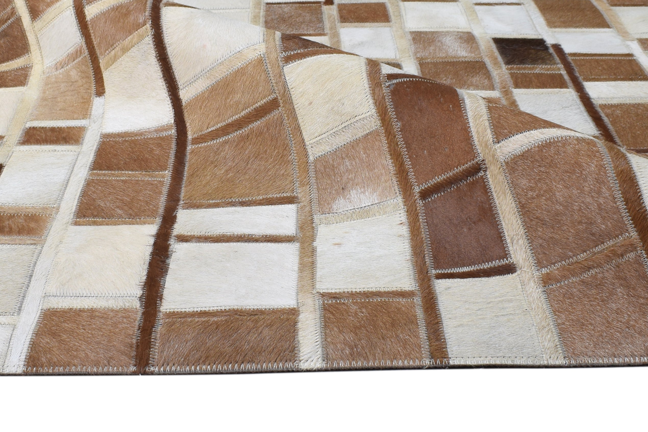 Leather Rug Brown and Ivory Blocks, Cowhide Rug, Patchwork Rug, Large Modern Area Rug 