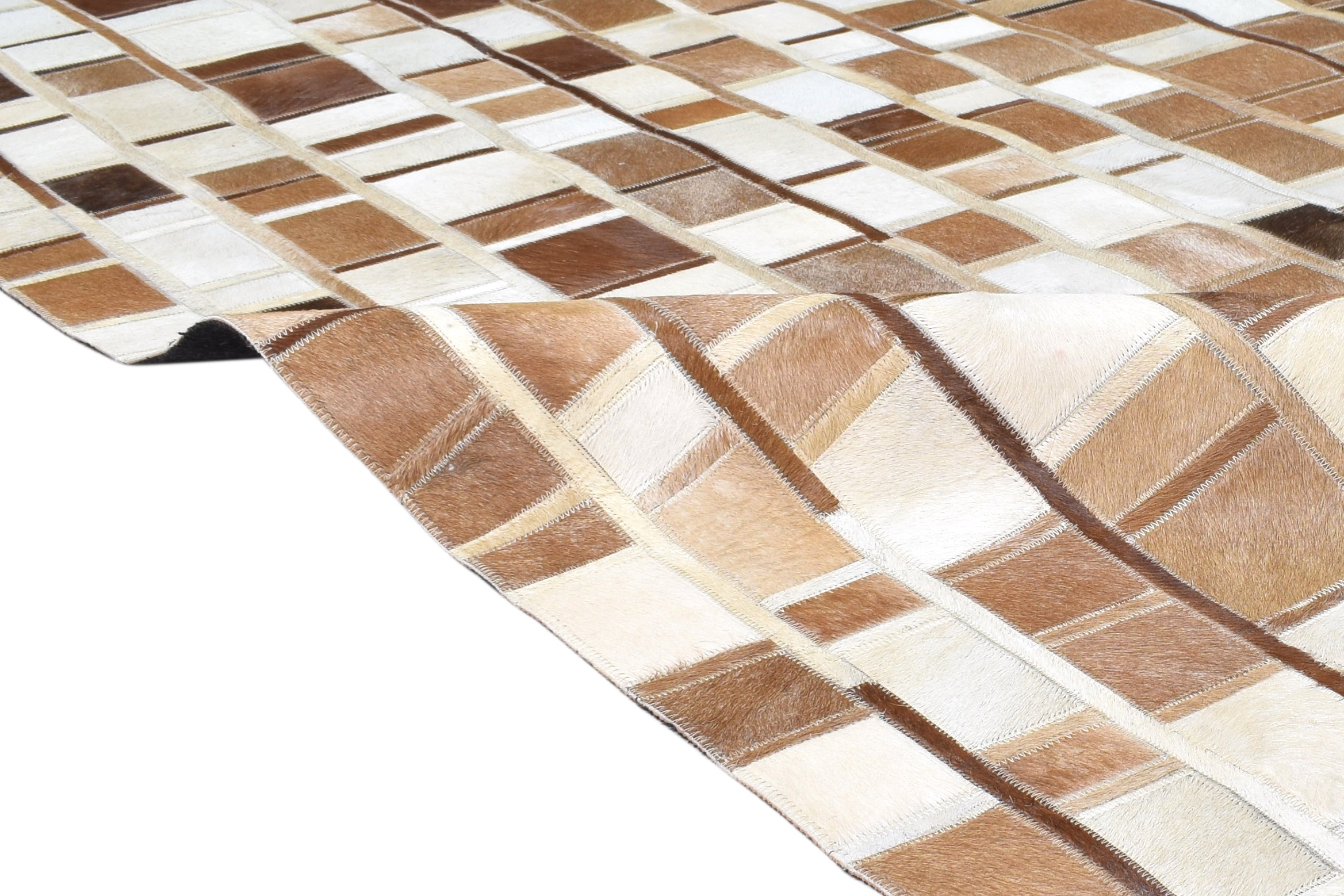 Leather Rug Brown and Ivory Blocks, Cowhide Rug, Patchwork Rug, Large Modern Area Rug 