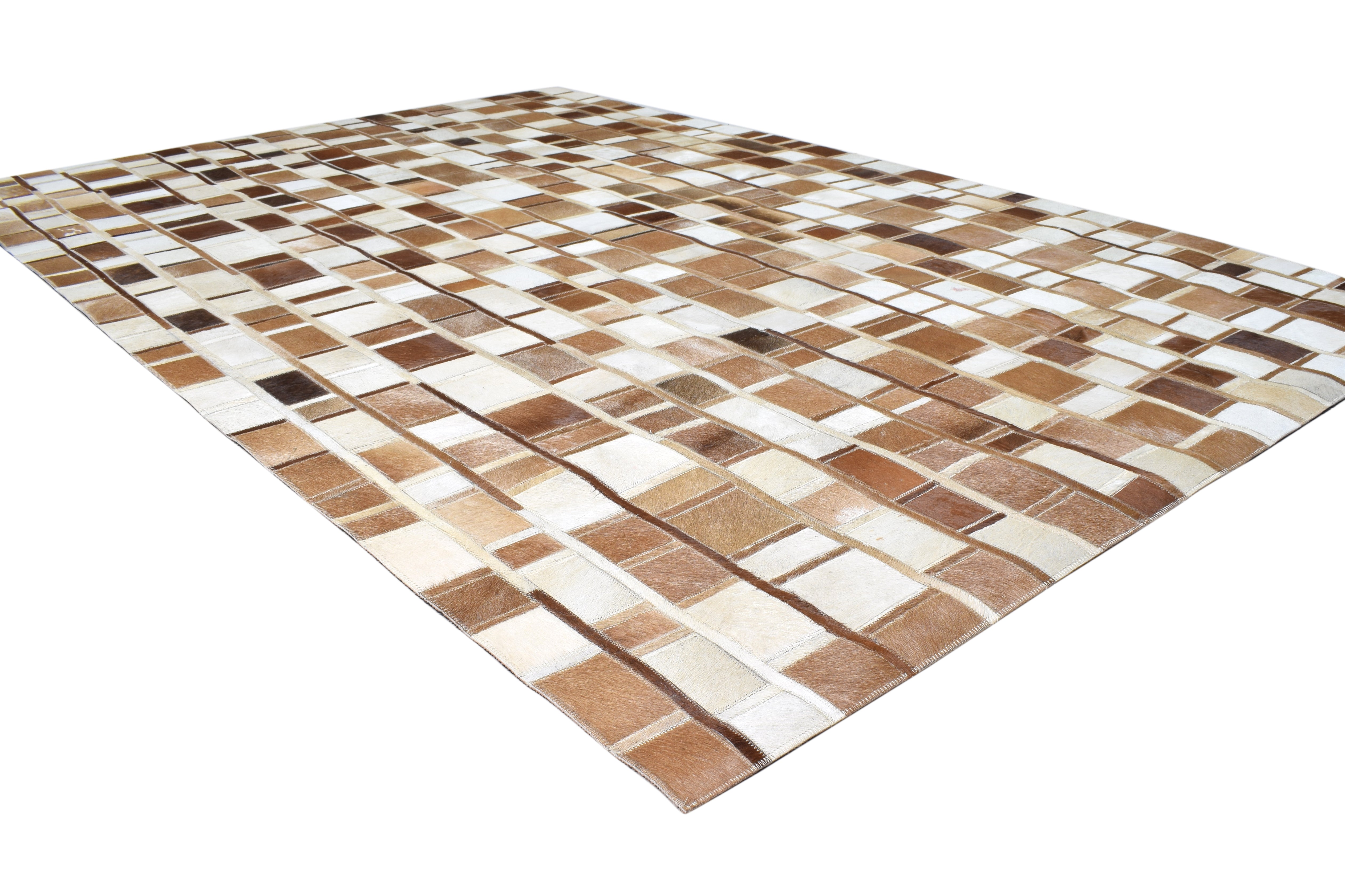 Leather Rug Brown and Ivory Blocks, Cowhide Rug, Patchwork Rug, Large Modern Area Rug 