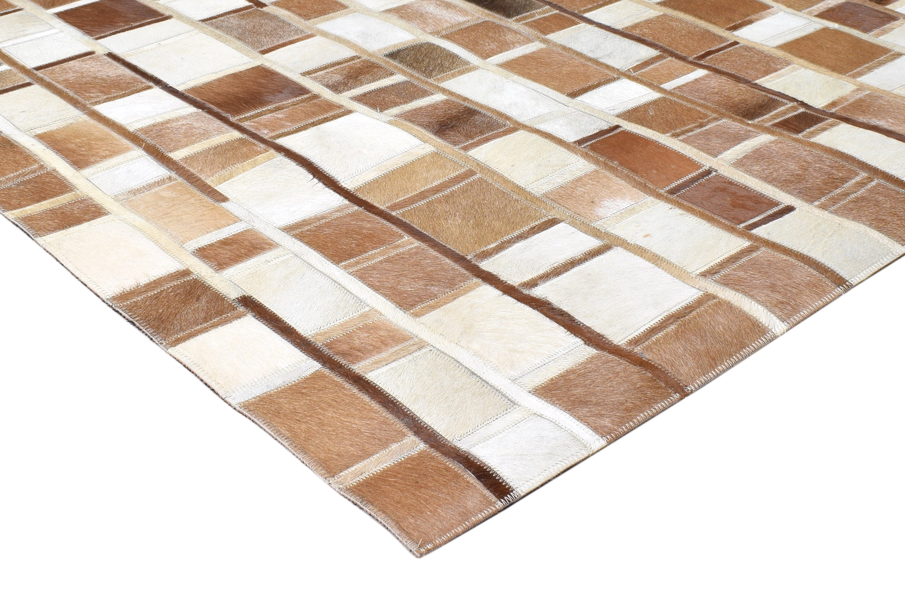 Leather Rug Brown and Ivory Blocks, Cowhide Rug, Patchwork Rug, Large Modern Area Rug 