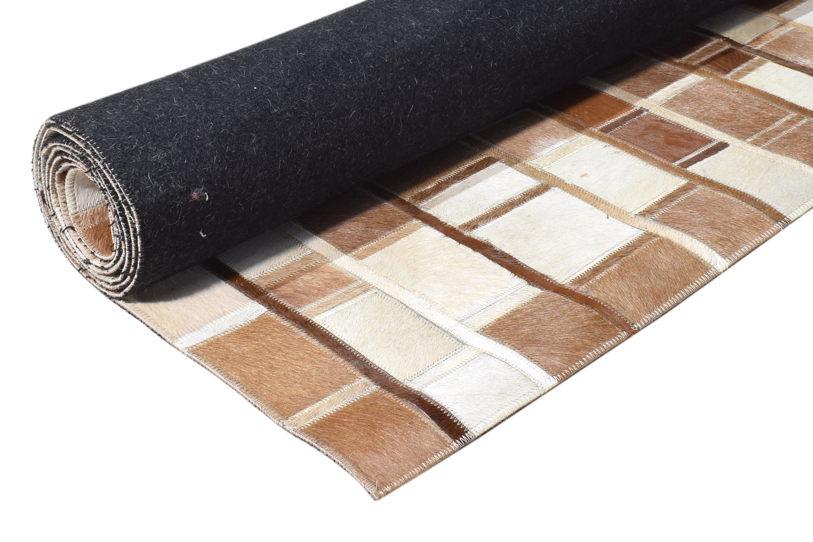 Leather Rug Brown and Ivory Blocks, Cowhide Rug, Patchwork Rug, Large Modern Area Rug 