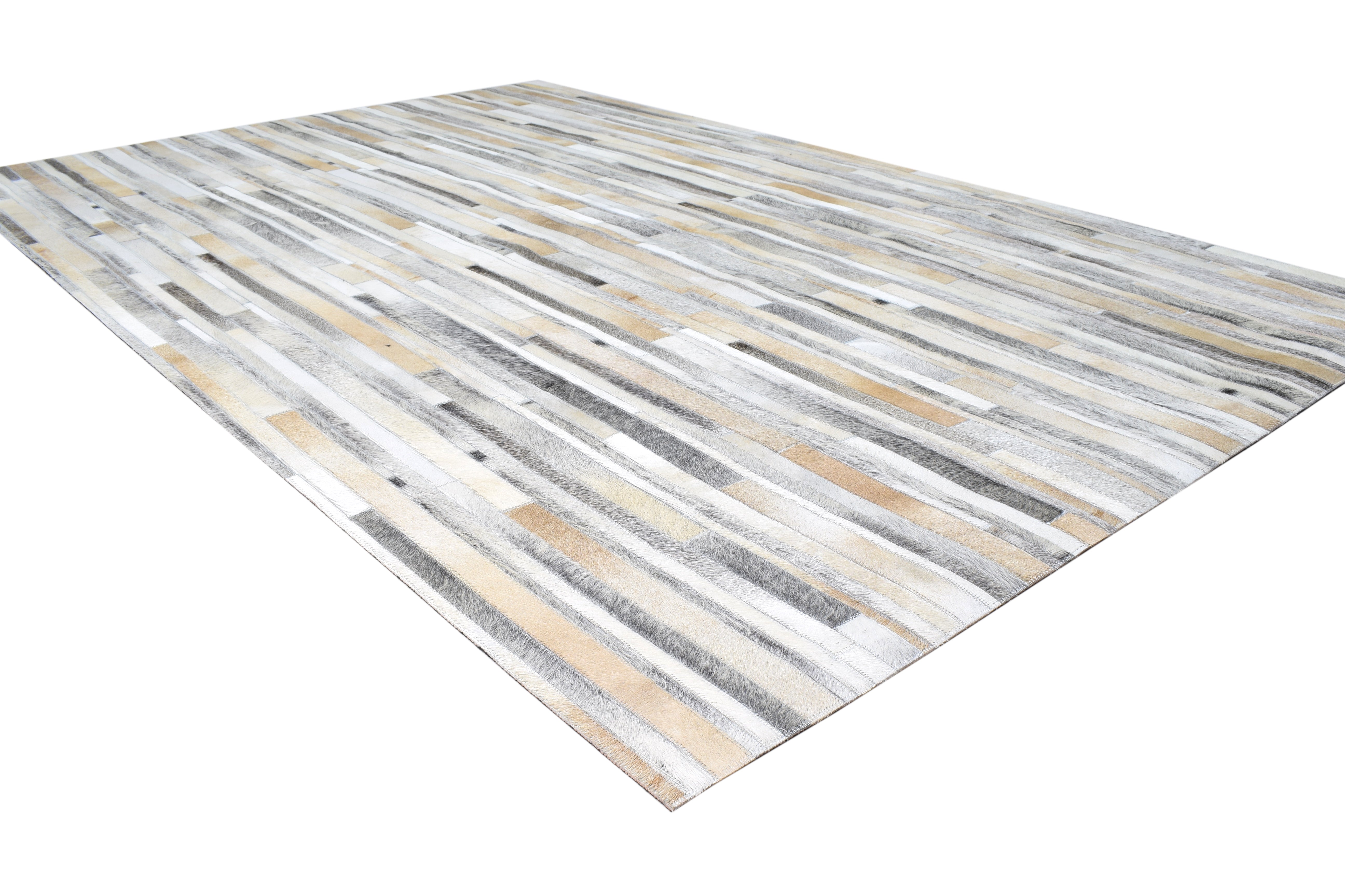 Ivory and Gray Striped Leather Rug, Cowhide Rug Patchwork Rug, Modern Area Rug 