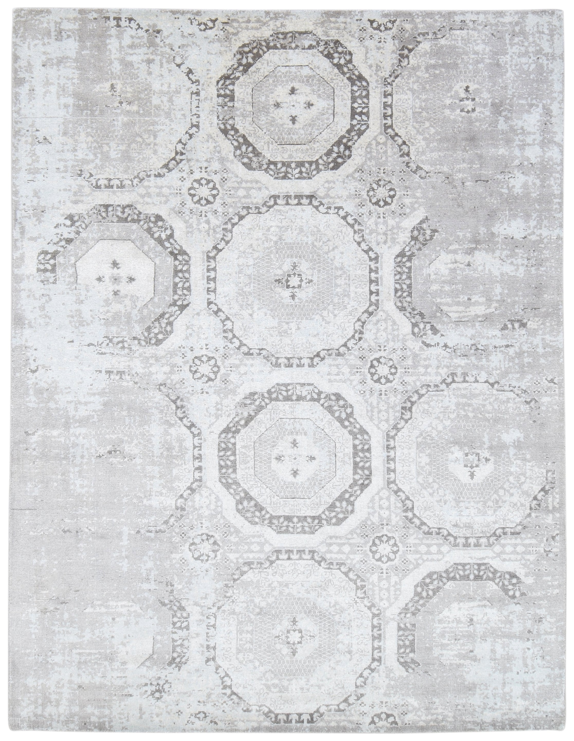 Raksha Handmade Abstract Loom Knotted Hand Woven Silk Like Wool Visose Gray Rug