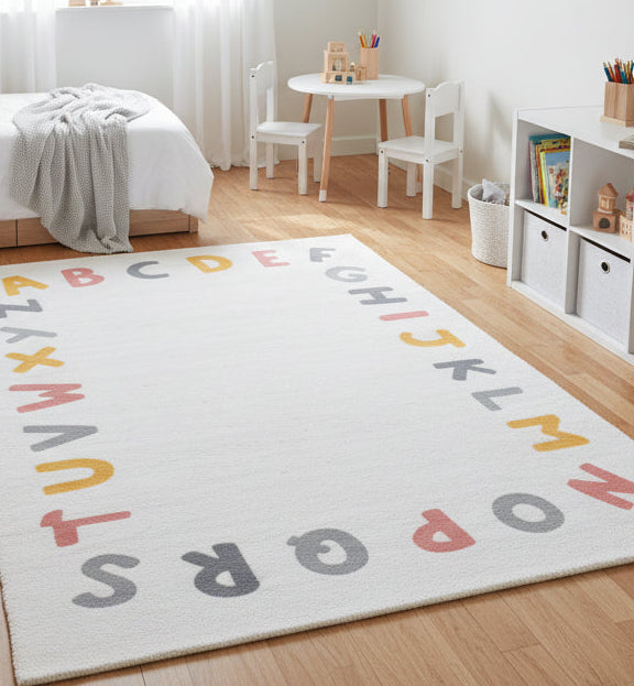 Alphabet Kids Rug | Ivory Off White ABC Learning Nursery Rug