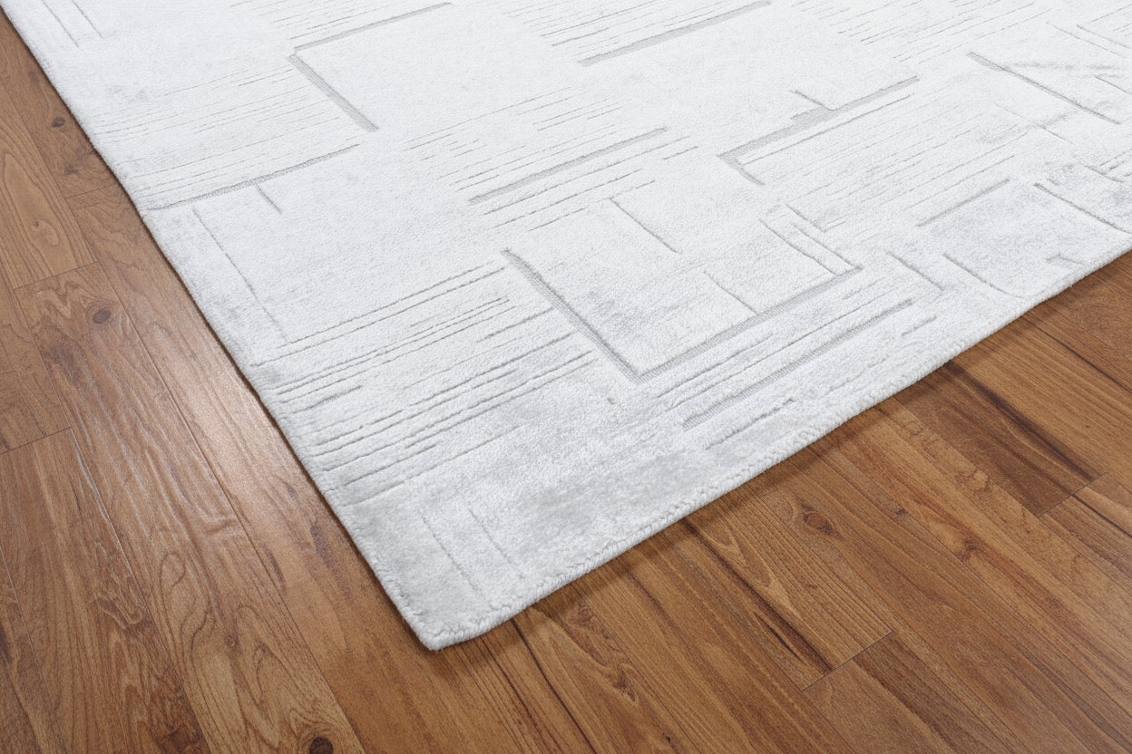 Etched Grid Handmade Silver Plaids Area Rug – Modern Geometric Loom Knotted Wool Silk Rug