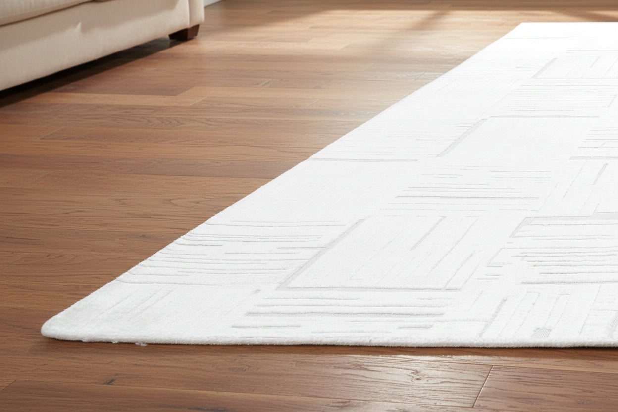Etched Grid Handmade Ivory Off-White Plaids Area Rug – Modern Geometric Loom Knotted Wool Silk Rug