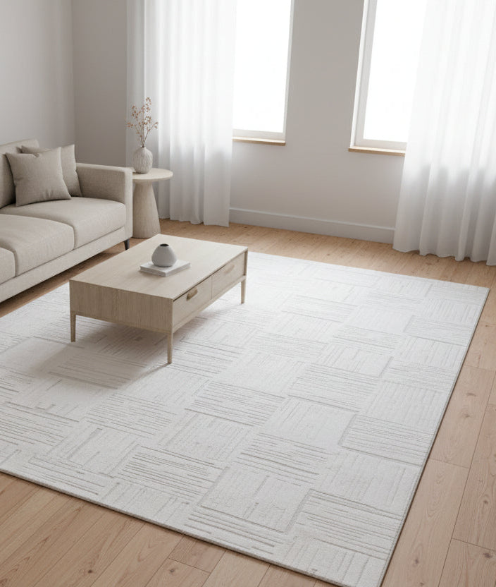 Etched Grid Handmade Ivory Off-White Plaids Area Rug – Modern Geometric Loom Knotted Wool Silk Rug