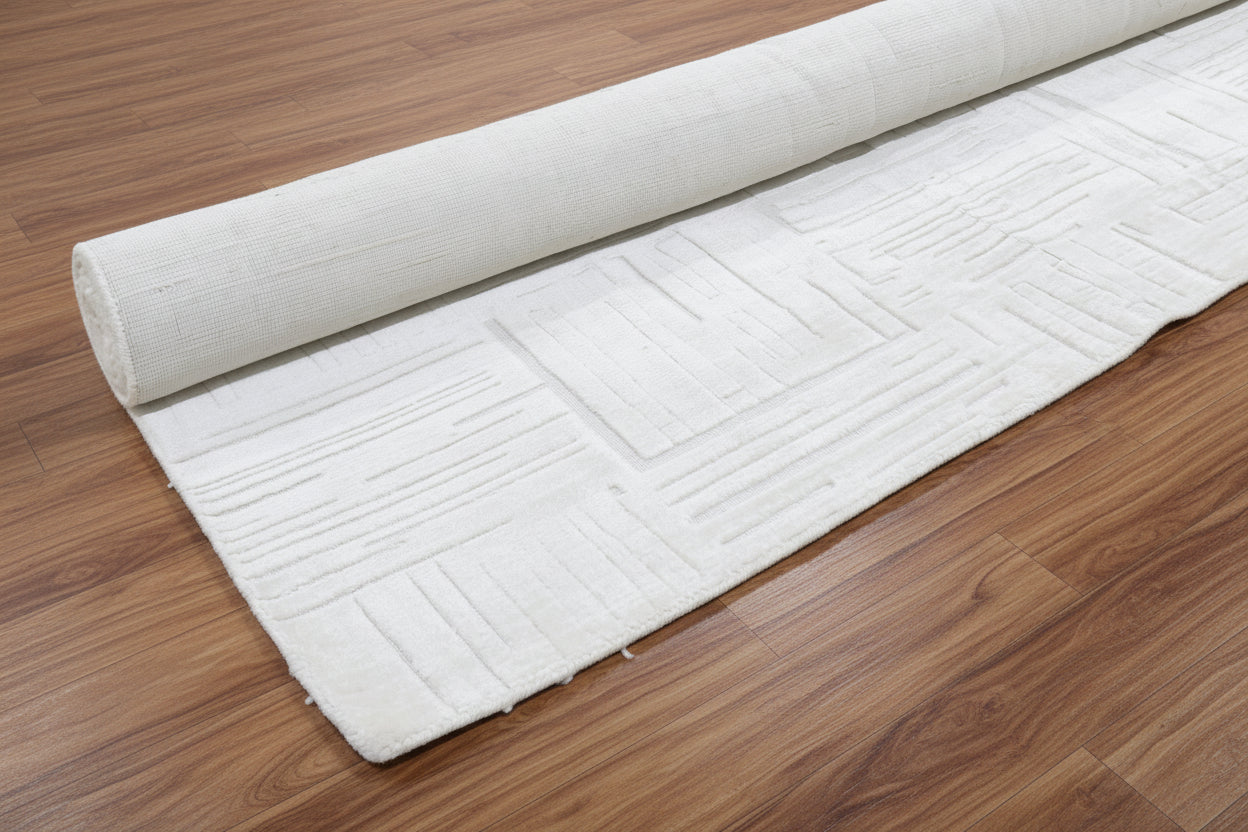 Etched Grid Handmade Ivory Off-White Plaids Area Rug – Modern Geometric Loom Knotted Wool Silk Rug