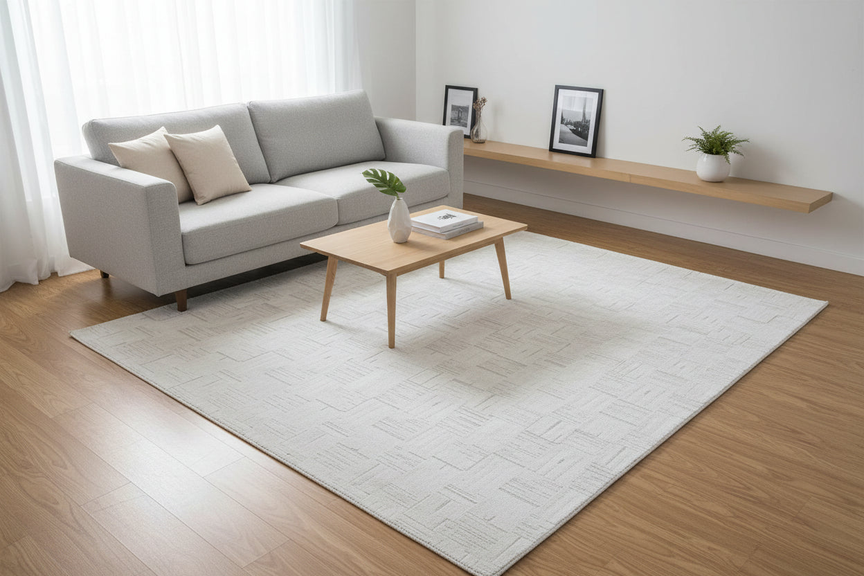 Etched Grid Handmade Beige champagne Plaids Area Rug – Modern Geometric Loom Knotted Wool Silk Rug