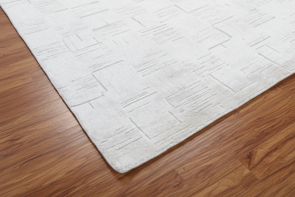 Etched Grid Handmade Beige champagne Plaids Area Rug – Modern Geometric Loom Knotted Wool Silk Rug