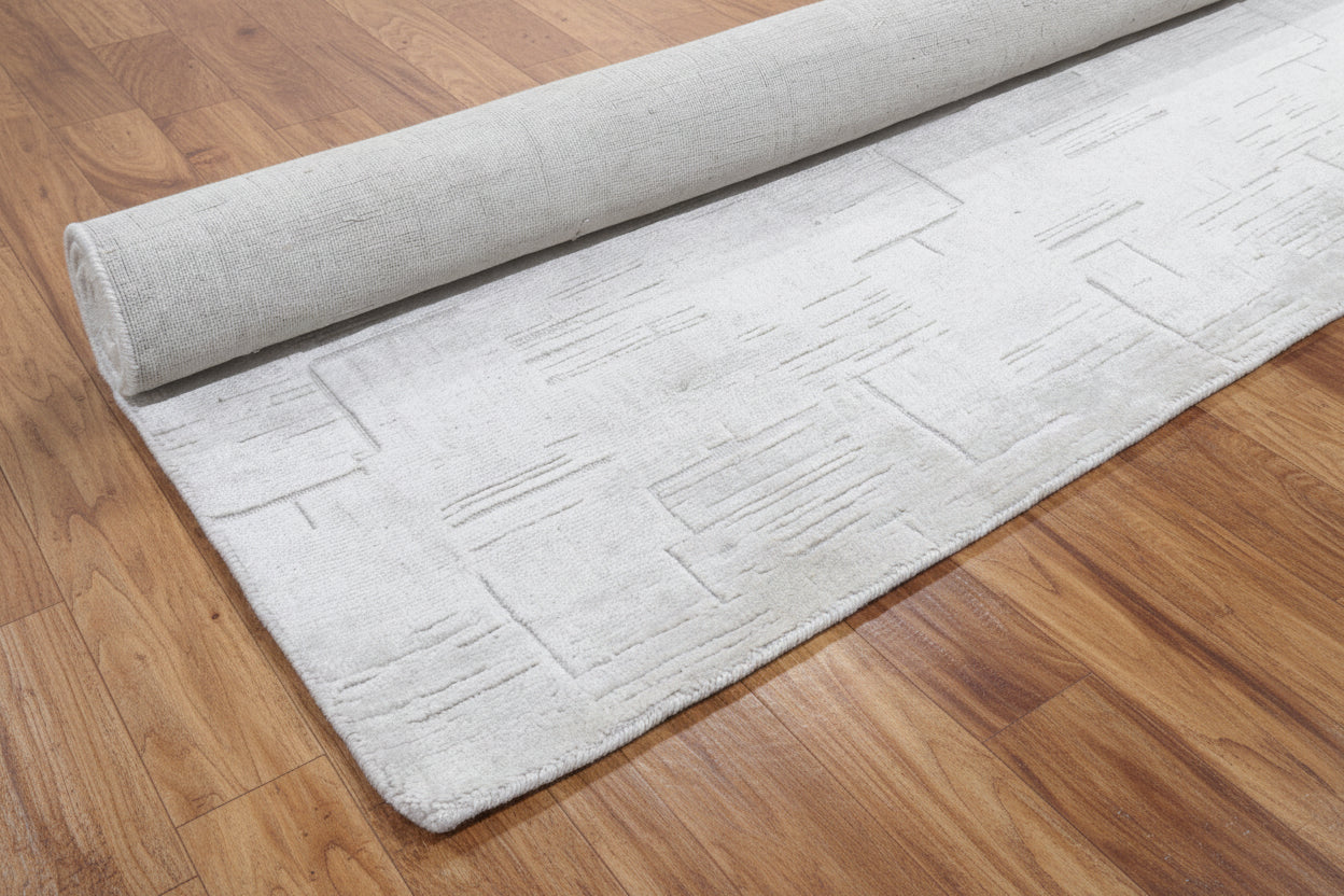 Etched Grid Handmade Beige champagne Plaids Area Rug – Modern Geometric Loom Knotted Wool Silk Rug