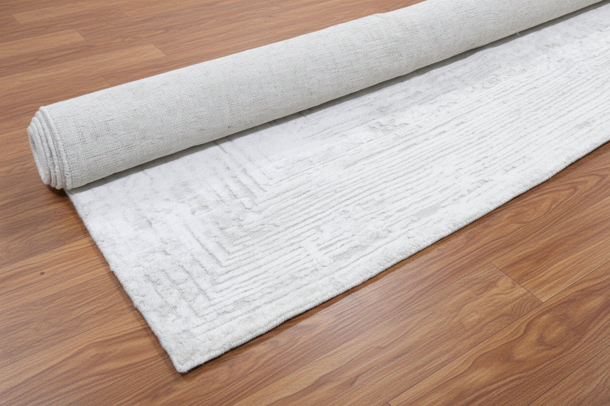 Framify Geometric Handmade Linear Rug – Ivory & Beige Hand Loom Knotted Bordered Rug