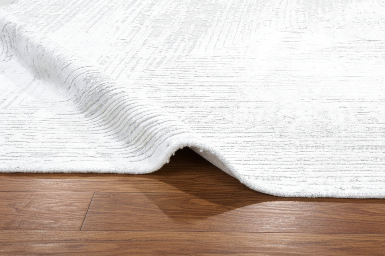 Framify Silver Handmade Linear Rug – Ivory & Gray Hand Loom Knotted Bordered Rug