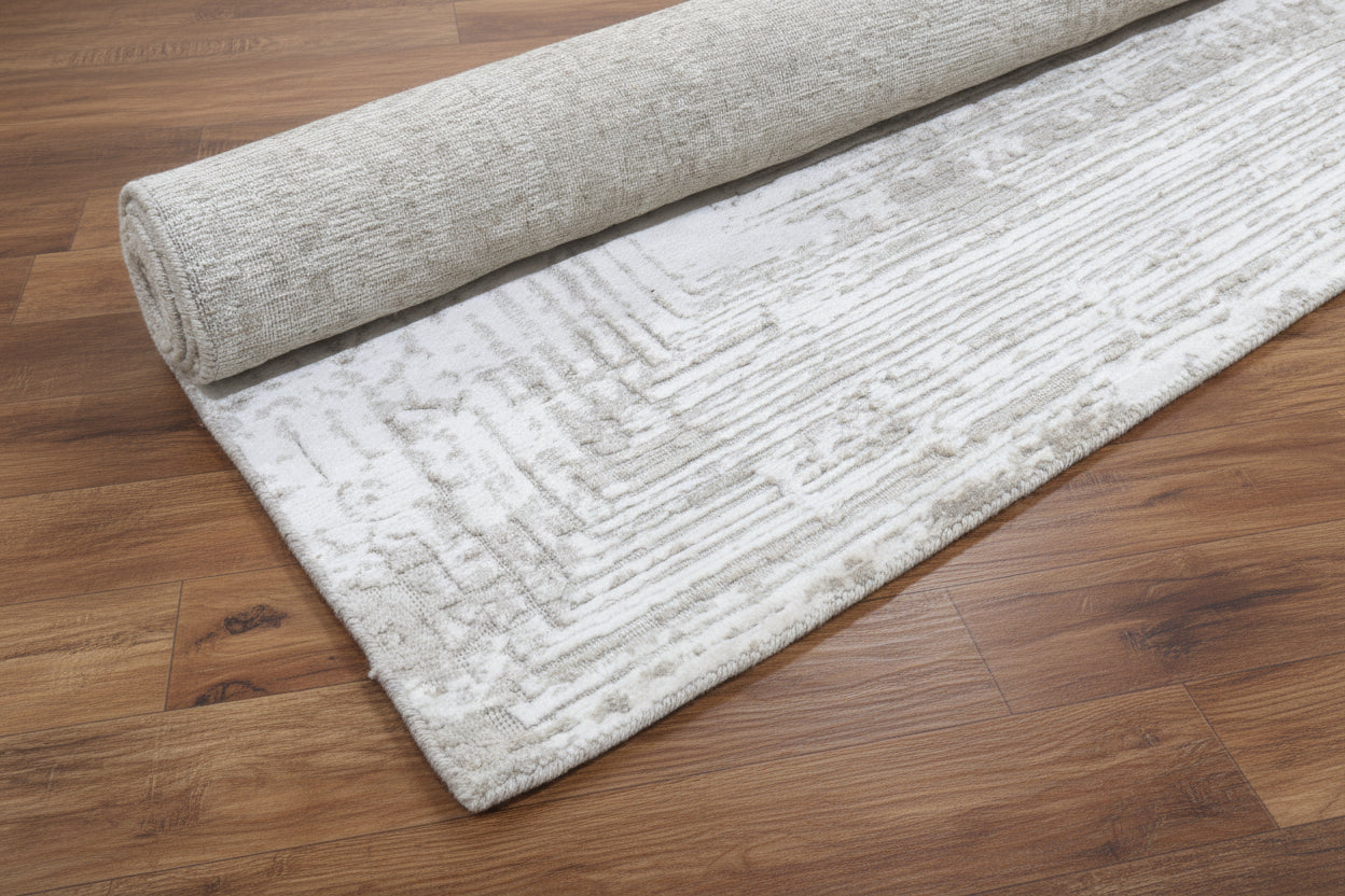 Framify Geometric Handmade Linear Rug – Beige Hand Loom Knotted Layered Border Rug