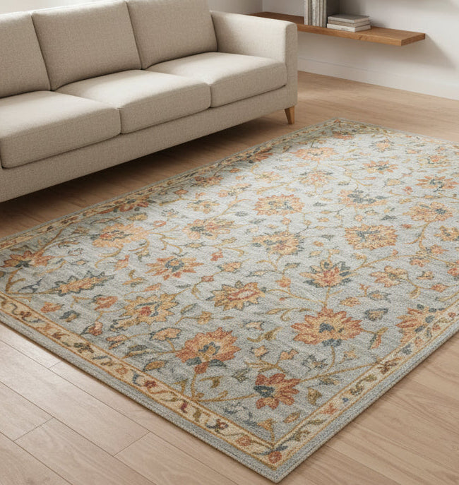Zephyra Floral Oushak Handmade Soft Blue Area Rug – Modern Classic Persian Style