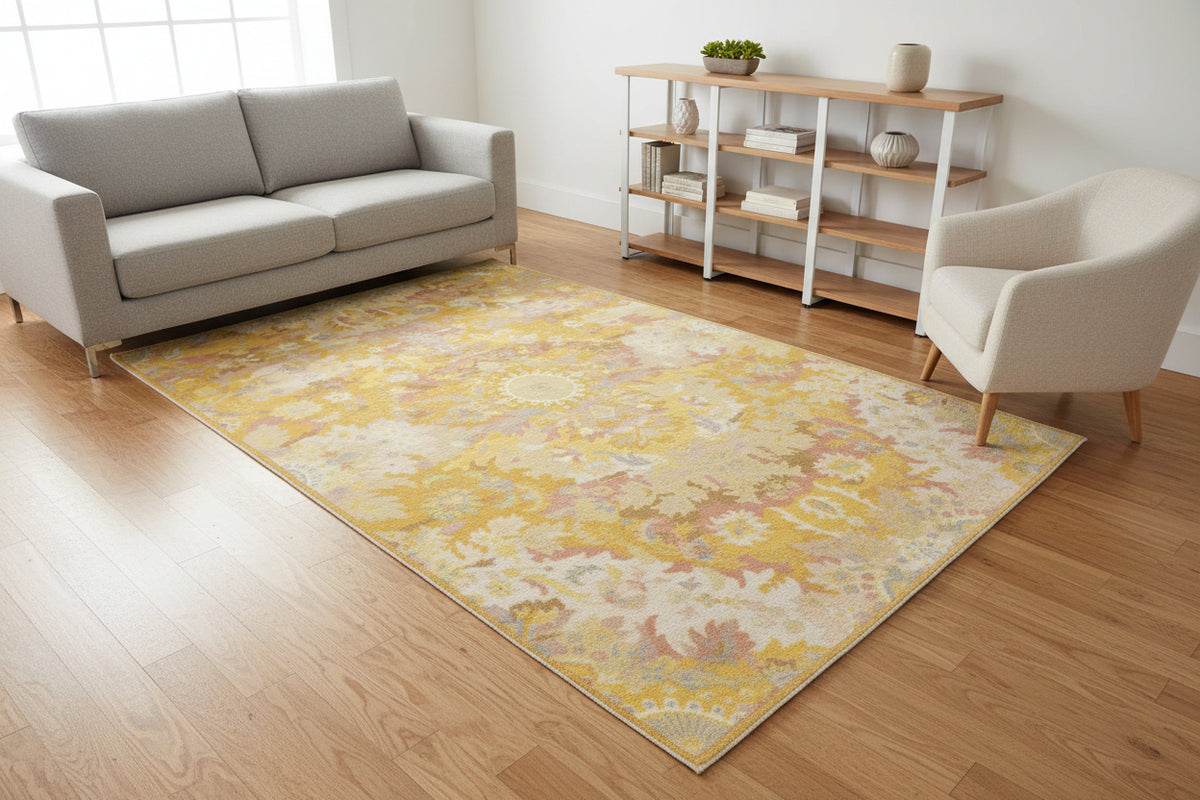 Valentina Handmade Honey Yellow Medallion Area Rug – Transitional Artisanal Oushak Style
